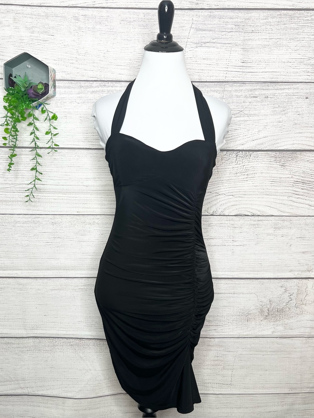 Cristina Black Halter Ruched Bodycon Stretch Mini Dress Size Small